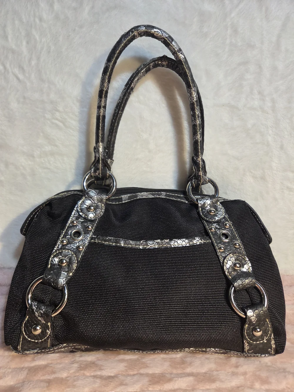 Kathy Van Zeeland Black Women's Satchel Handbag with Metallic Trim